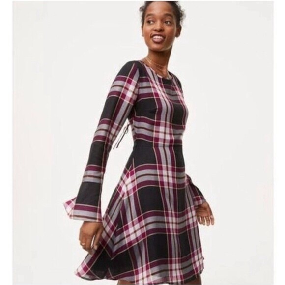 NWT Ann Taylor Loft Black Plaid Tie Back Long Sleeve A Line Dress Size 2P Pink - Picture 1 of 12